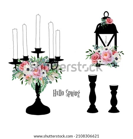 Clipart. Watercolor illustration of black candlesticks with flowers, pink roses, anemones, green branches on a white background.