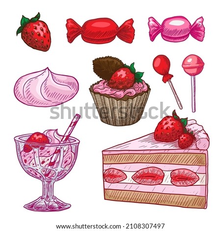 set of strawberry sweets vector illustration