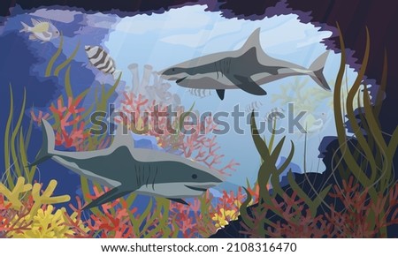 A pair of sharks in the sea near a coral reef and an underwater cave with algae and fish. Realistic underwater vector landscape