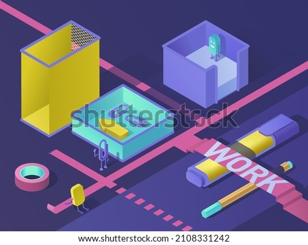 Work from home or office. Concept working tools in progress. 3d Workspace isometric vector illustration. Vector business desk concept. Stationery products help streamline the work process