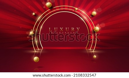 Stage for product show and circle frame with golden curve line decoration and glitter light effects and bokeh. Red luxury style background.