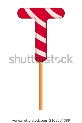 Letter T from striped red and white lollipops. Festive font or decoration for holiday or party. Vector flat illustration