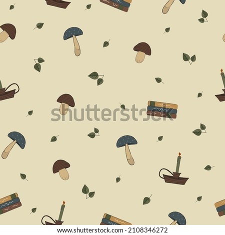 Seamless vector hand-drawn pattern with mushrooms, leaves, candlesticks and books. Cozy background on a spring, autumn and summer theme. Design for wrapping paper, fabrics, covers and cards.