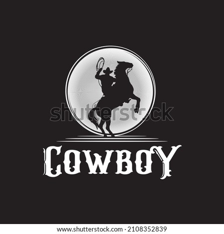 Cowboy silhouette with rope lasso on horse vector illustration isolated on white background for rodeo western design logo