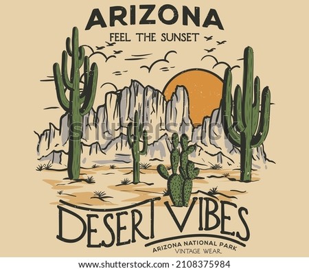 Desert vibes with cactus vintage graphic print design for t shirt and others.  Royalty-Free Stock Photo #2108375984