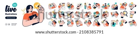 Social Media Marketing illustrations. Mega set. Collection of scenes with men and women taking part in business activities. Trendy vector style Royalty-Free Stock Photo #2108385791
