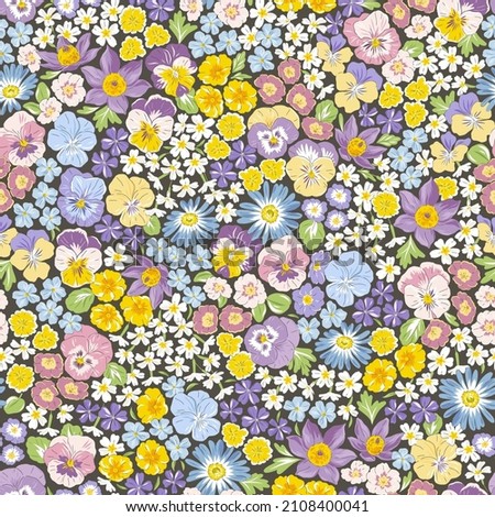 Variety Spring Garden flower hand drawn vector seamless pattern. Vintage Romantic Liberty inspired Petite floral ditsy print. Bloomy calico dark background for fashion fabric or home textile Royalty-Free Stock Photo #2108400041