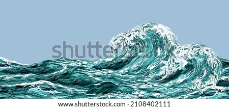 Sea wave in oriental vintage style. Hand drawn realistic vector illustration on blue background. Royalty-Free Stock Photo #2108402111