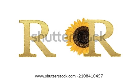 Golden sunflower Latin alphabet. Summer ABC on white background. Letter R