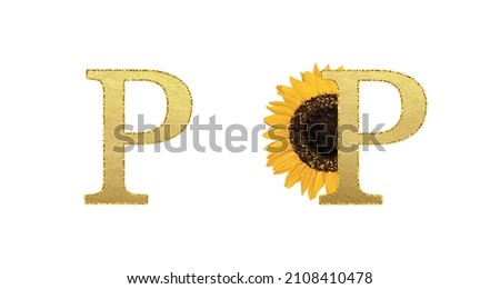 Golden sunflower Latin alphabet. Summer ABC on white background. Letter P