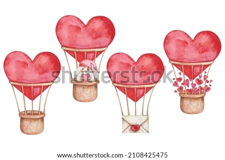 Watercolor illustration of hand painted red air ballon in heart shape with basket, cartoon dwarf, gnome, envelope. Isolated clip art elements for wedding invitation. Love card for Valentine's Day