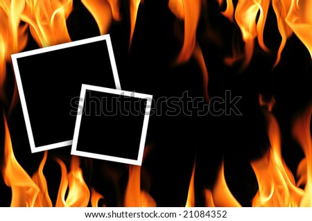 Empty frames with fire flames background