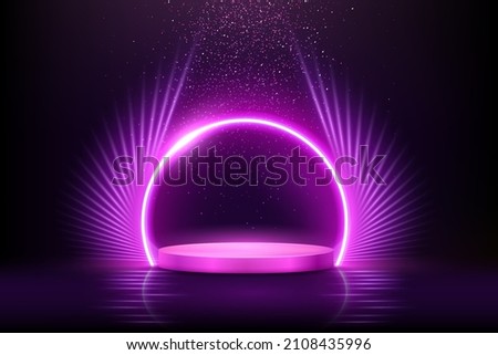 Pink podium for product presentation vector illustration. Abstract empty award platform with neon glowing round frame and rays, glitter confetti sparkle rain falling from above background