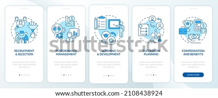 HR management basics blue onboarding mobile app screen. Recruitment walkthrough 5 steps graphic instructions pages with linear concepts. UI, UX, GUI template. Myriad Pro-Bold, Regular fonts used Royalty-Free Stock Photo #2108438924