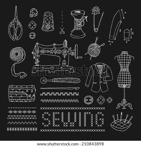 Illustration of vintage sewing accessories. Doodle. 