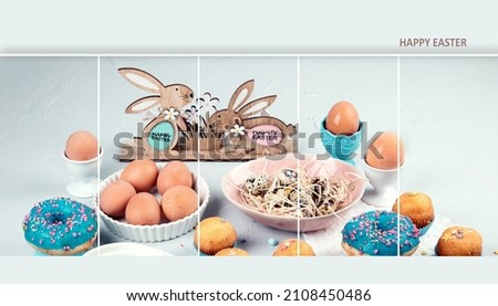 Collage made of Easter compositions with eggs and colorful sweets on light gray background. Seasonal holiday concept. 
