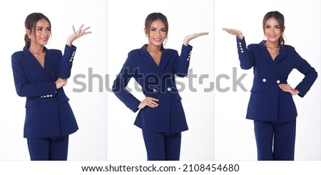 Half body Portrait 20s Asian Business woman wear Blue office look for gala dinner celebrate meeting. Young female poses empty area palm hands sign copy space. White background isolated