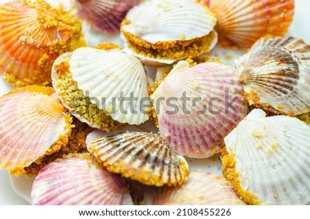 Mini coquilles St. Jacques, Natural scallop shells filled with Patagonian scallops and Thermidor sauce topped with a ciabatta breadcrumb topping, Special food Royalty-Free Stock Photo #2108455226