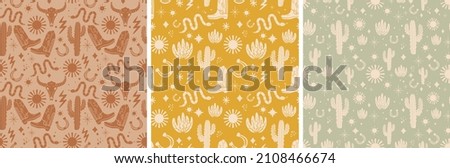 Cowboy Western Boho Cactus Warm Earthy Colors Vector Pattern Collection. Different assets Sun, Snake, Cowboy boots, bull skull, horseshoe
 Royalty-Free Stock Photo #2108466674
