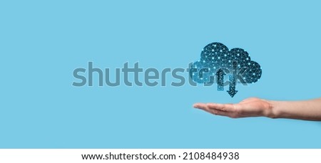 Cloud technology. Polygonal wireframe cloud storage sign with two arrows up and down on dark blue. Cloud computing, big data center, future infrastructure, digital ai concept. Virtual hosting symbol.