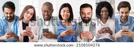 Social media addiction concept. Collection of photos of multiracial people men and women of different ages using mobile phones and smiling, enjoying nice mobile applications, panorama, collage