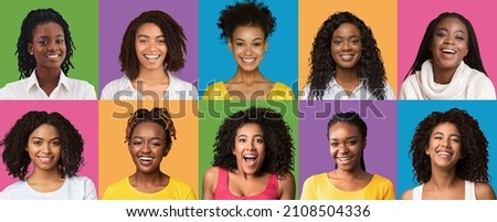 Attractive young black ladies showing various positive emotions on colorful studio backgrounds, collection of closeup photos, collage. Happiness, millennial lifestyle, feminine community concept