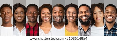 Ethnic minorities assimilation concept. Happy faces of multiracial young people, collection of photos on grey backgrounds. Males and females avatars, smiling millennial men and women, panorama Royalty-Free Stock Photo #2108514854