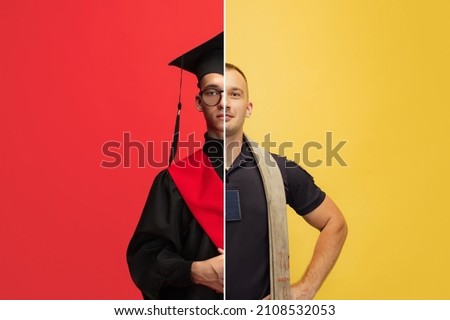 Collage of man and young boy, firefighter and graduate student isolated over red and yellow background. Maintaining lifestyle. Concept of profession, education, work, employment, future. Ad