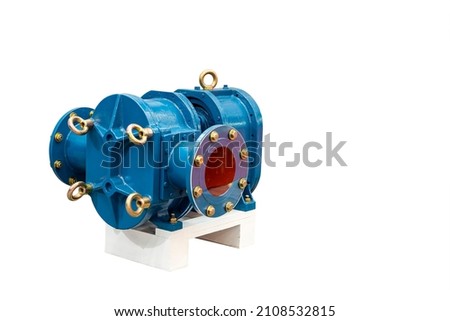 Industrial rotary or lobe gear high pressure vacuum positive displacement pump for flow rate control and can handle solid variety liquid solvent oil grease on base wood isolated with clipping path Royalty-Free Stock Photo #2108532815