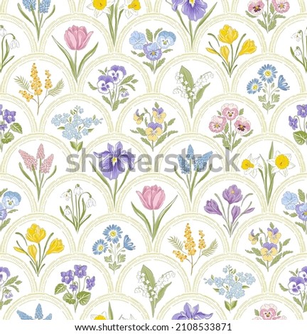 Spring Garden variety flowers in rainbow medallion hand drawn vector seamless pattern. Vintage Romantic Bloom design. Cottage core aesthetic floral print for fabric, scrapbook, wrapping, card making Royalty-Free Stock Photo #2108533871