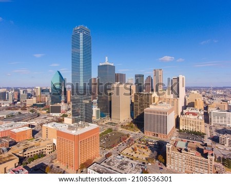 Aerial view of modern city skyline including Bank of America Plaza, Renaissance Tower, Fountain Place, etc at downtown Dallas, Texas TX, USA.  Royalty-Free Stock Photo #2108536301