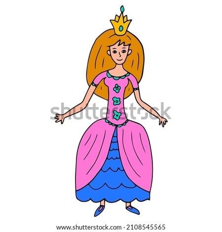 Doodle happy fairy princess isolated on white background. Beautiful historical dress. Young lady with crown.