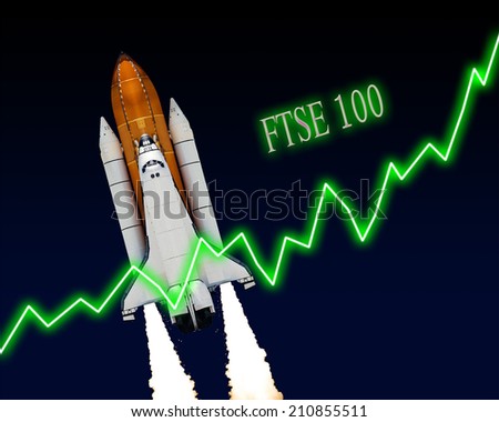 FTSE 100 index chart up London stock exchange. Elements of this image furnished by NASA.