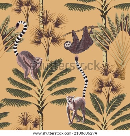 Tropical palm tree, banana tree, lemur, sloth animal seamless pattern beige background. Exotic jungle floral wallpaper.