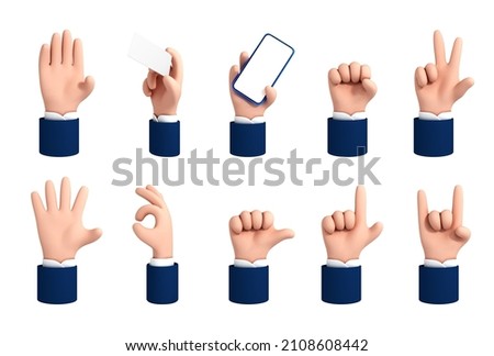 Set of cartoon 3d hands. Vector cartoon hand gestures isolated on white background.
