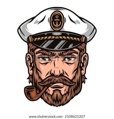 Colorful vintage bearded sailor captain smoking pipe isolated vector illustration