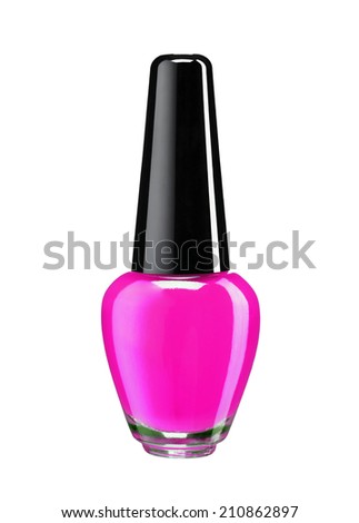 Bottle of colored nail polish / studio photography of nail polish bottle with black lacquer cap over white background 