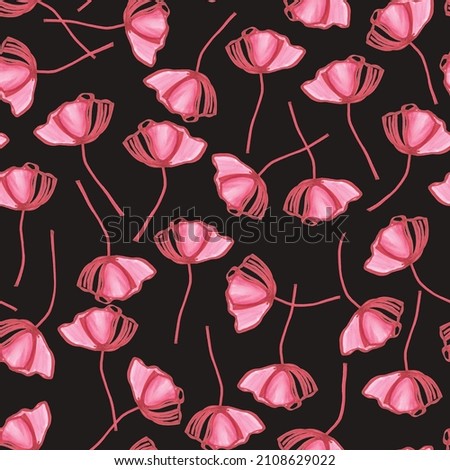 Floral seamless pattern. Drawn poppies on a black background. The illustration is made by hand.