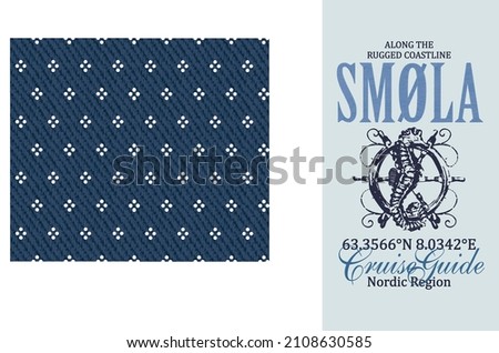 Graphic set of hand drawn illustration and seamless pattern with Sea horse print. Cute t-shirt and textile design clothing. Use for fashion wear, t-shirt print, textile, surface design. Vector