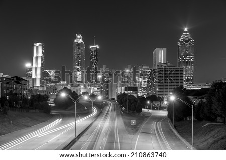 Image of the Atlanta skyline during twilight , black, white