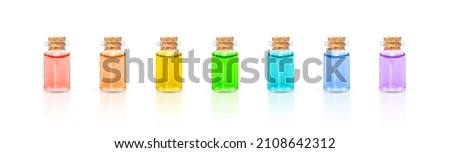 A row of medical bottles for essential oils, medicines. colored rainbow liquid in small bottles Royalty-Free Stock Photo #2108642312
