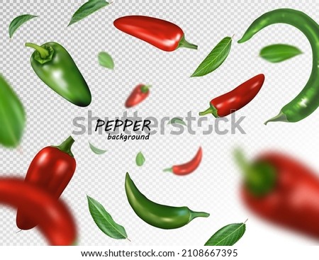 Many red and green chili peppers free falling on transparent background. Realistic vector, 3d illustration Royalty-Free Stock Photo #2108667395