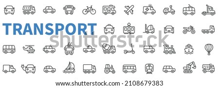 Transport and vehicle icons set. Contains such icons as auto, bike, scooter, bulldozer, bus, cable, car, helicopter and more. Outline web icon collection. Line style - stock vector.