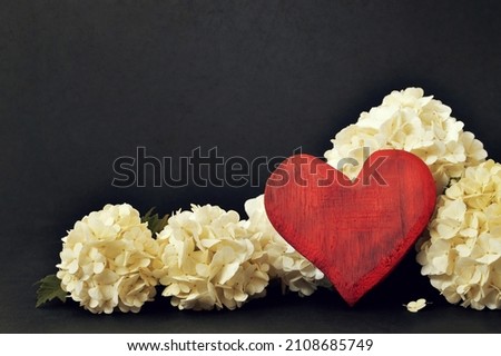 Red wooden heart ornament and white snowball flowers on black background with copy space 