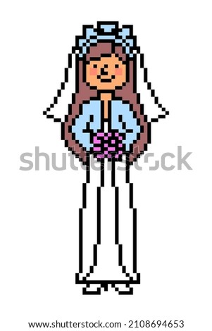 Pixel art happy bride with flowers on a wedding day, 8 bit girl character isolated on white background. Fiancee in a dress and veil. Woman getting married. Vintage retro 2d game, slot machine graphics