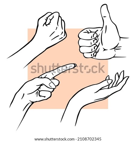 Set of sketches with hand gestures. Fist gestures, pointing, asking and approving. Vector isolated drawing art illustration