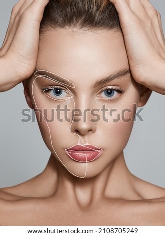 Aesthetic cosmetology, face care. Portrait of beautiful woman with lifting lines on skin Royalty-Free Stock Photo #2108705249