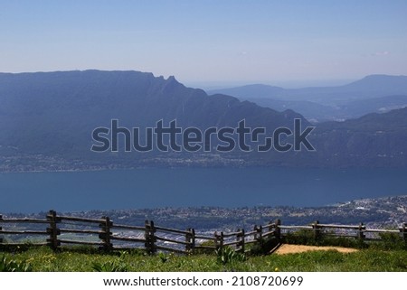 Belvedere mountain Revard panoramic view of Mont Dent du Chat peak with Lake Bourget Savoie region France 