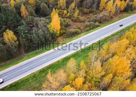 Aerial view of landscape with road in autumn forest with top trees colorful yellow foliage