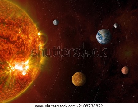Sun and solar system planets. Terrestrial planets: Mercury, Venus, Earth, Mars. Sci-fi background. Elements of this image furnished by NASA.  Royalty-Free Stock Photo #2108738822
